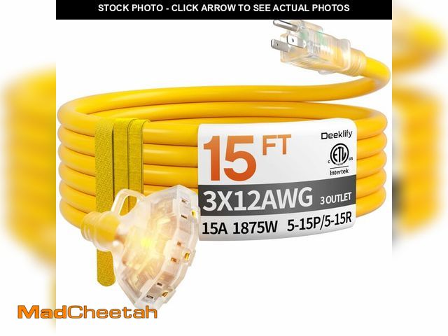 Lot 74-14266226 - Deeklify 15ft 12 Gauge Heavy Duty 3 Outlet Extension Cord Splitter with Indicator, Waterproof Outdoo...