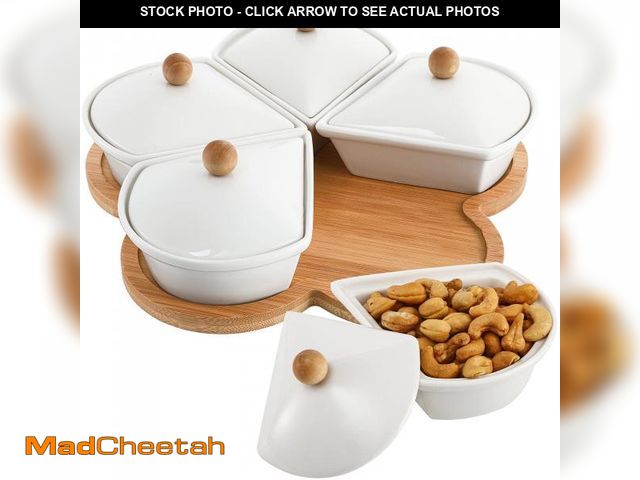 Lot 74-12123441 - yarlung Ceramic Divided Serving Dishes with Lids and Bamboo Platter, 5 Removable Dipping Bowls Relis...