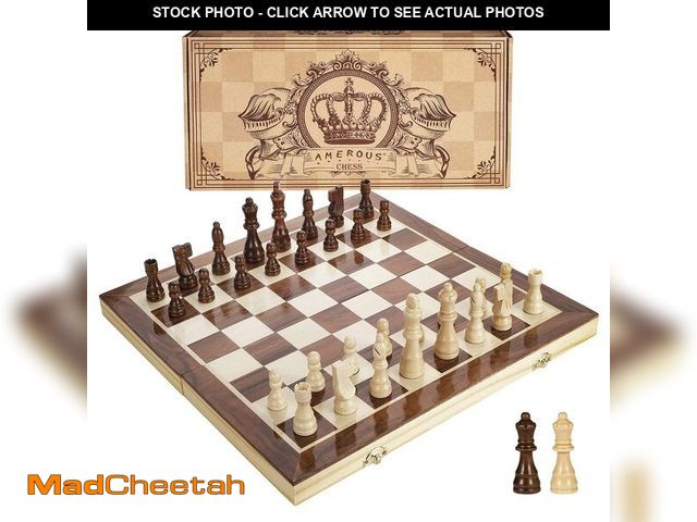 Lot 74-13711975 - AMEROUS 15 Inches Magnetic Wooden Chess Set - 2 Extra Queens - Folding Board - Pieces Storage Slots,...