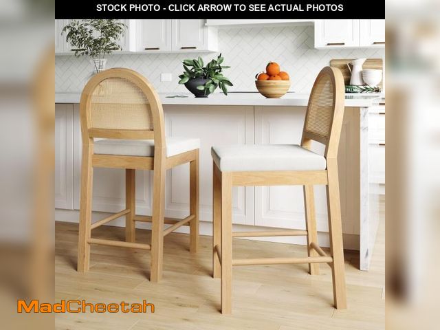 Lot 74-12210913 - Nathan James Bailey Upholstered Rattan Bar Stool in Oak Finish Frame, Counter Height Stool with Natu...