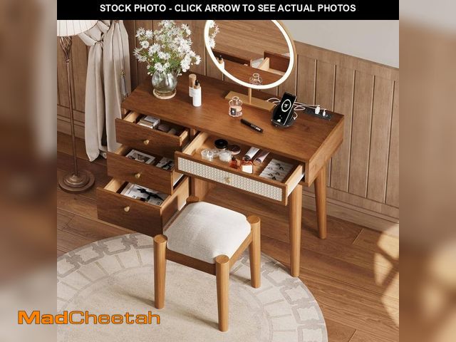 Lot 74-12465004 - Harper &amp; Bright Designs Walnut 2-Piece Retro Bohemian Style Makeup Vanity Set with Stool, 4-Draw...