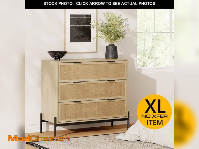 Lot 74-13047259 - Nathan James Andrew Light Oak 3 Drawer 39 in. W Bohemian Dresser Storage Cabinet with Natural Rattan...