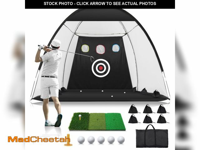 Lot 74-14147911 - Golf Net: 10x7FT Practice for Backyard Driving, Hitting with Tri-Turf Golf Mat, Indoor Training Chip...