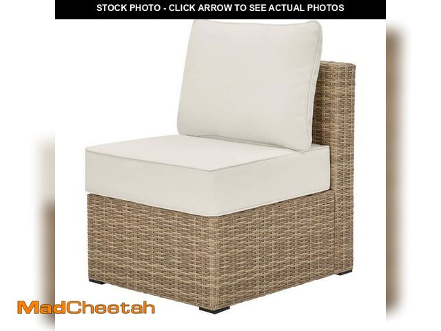 Lot 74-14355954 - Hampton Bay Crystal Ridge Wicker Outdoor Modular Sectional Armless Chair with Almond CushionGuard Cu...