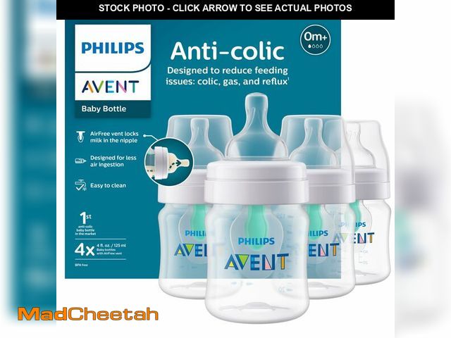 Lot 74-14338285 - Philips Avent Anti-Colic Baby Bottle with AirFree Vent, Slow Flow 1 Nipple, 0m+, 4oz, 4 Pack, Clear,...