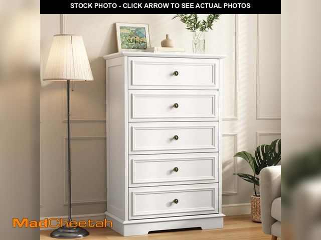 Lot 74-14308563 - 5 Drawer Dresser for Bedroom, Retro Wood Storage Cabinet with Antique Bronze Round Handles, Vintage ...
