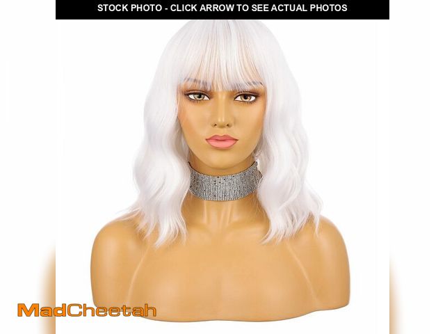 Lot 74-12700352 - eNilecor White Wig,Short Bob Wig for Women, Curly Wavy Colored Wigs with Air Bangs, 14" Natural Look...