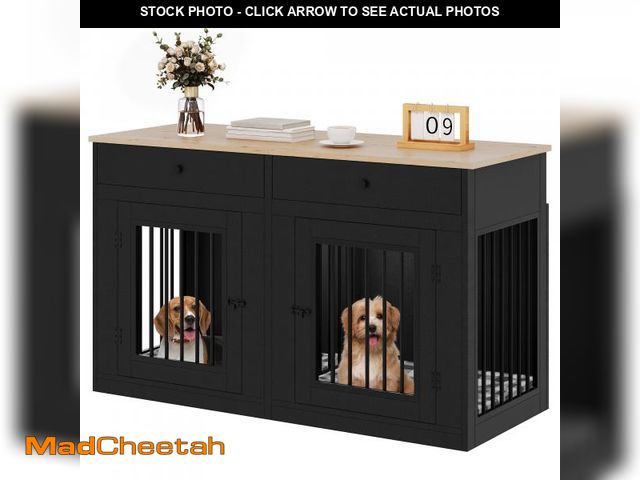 Lot 74-12130359 - YITAHOME 60" Wooden Dog Crate Furniture with Removable Divider &amp; Storage Drawers, Double Door Ke...