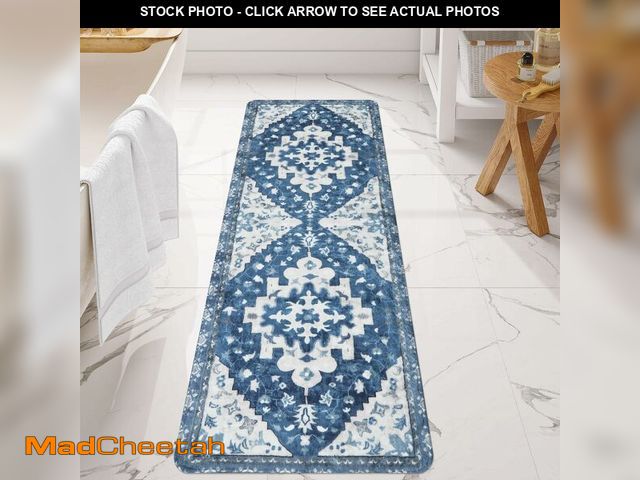 Lot 74-12685112 - Uphome Boho Bathroom Runner - Blue Non-Slip Soft Long Bathroom Rug - Vintage Oriental Machine Washab...