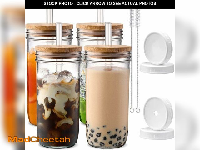 Lot 74-12971524 - DWTS DANWEITESI Glass Cups with Lids and Straws,24 oz Smoothie Cup with Lid and Straw-Boba Mason Jar...