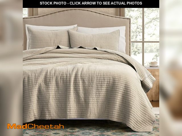 Lot 74-14154726 - WDCOZY 100% Cotton Queen Size Quilt Set - Beige Neutral Striped Pick Stitch Soft Lightweight Bedspre...