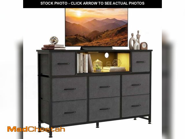 Lot 74-14352145 - (MISSING 2 HANDLES, POWER OUTLET) JIOABL TV Stand with 8 Fabric Drawers &amp; Power Outlet, LED TV C...