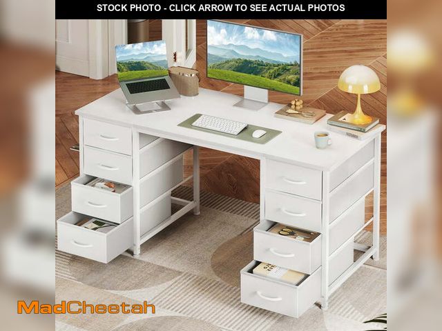 Lot 74-14260932 - White Computer Desk with Drawers for Storage - 48 inch Home Office Desk with 8 Fabric Drawers, Writi...