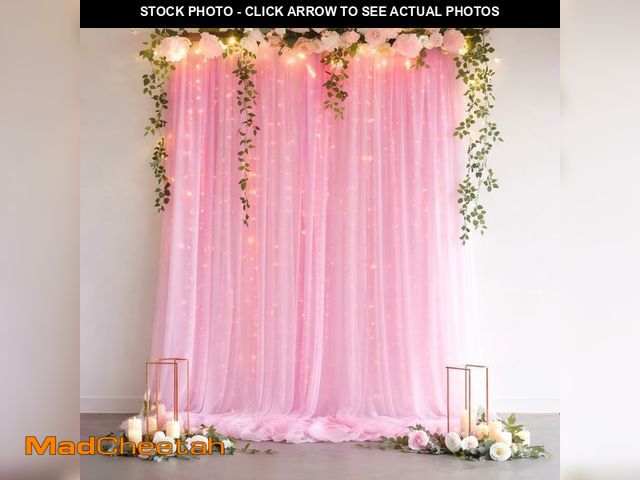 Lot 74-13964386 - Pink Tulle Backdrop Curtain with String Lights, 2 Panels 5Ãâ8FT Sheer Wrinkle-Free Pink Backdrop ...