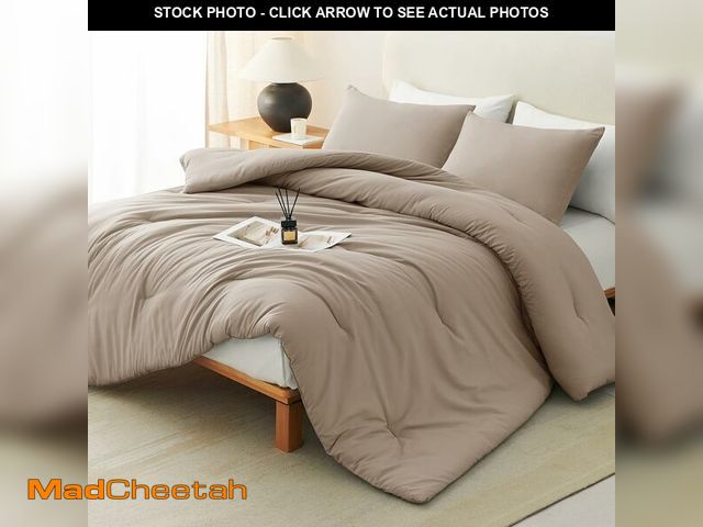 Lot 74-13583064 - CozyLux Queen Comforter Set Khaki, 3 Pieces Solid Breathable Quilted Style Bedding Sets, Luxury Fluf...