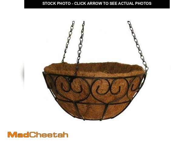Lot 74-14376082 - Vigoro Large Black Metal Hanging Heart Scroll Round Planter with Coco Liner (16 in. L x 16 in. W x 7...