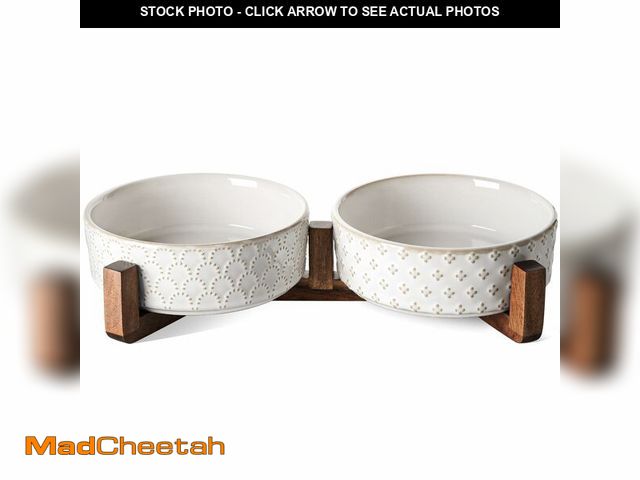 Lot 74-14149638 - LE TAUCI Dog Bowl Set with Acacia Wood Stand - 1.5-Cup Ceramic Puppy Bowls for Small Dogs, Dual Food...