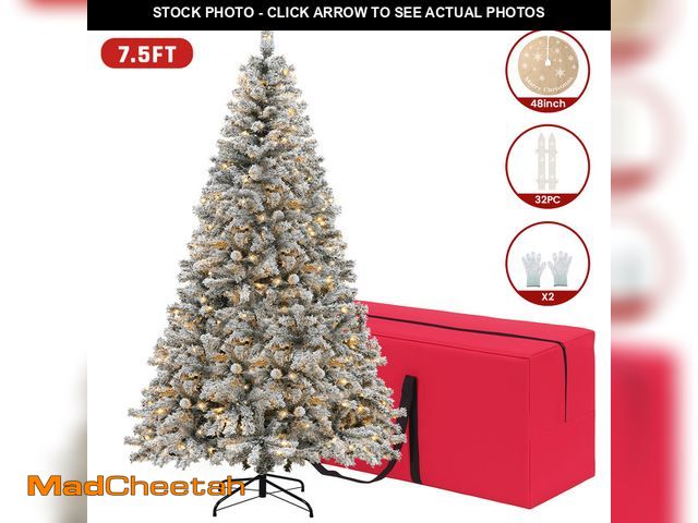 Lot 74-12767035 - VAVSEA 7.5ft Pre Lit Snow Flocked Christmas Tree with Storage Bag, Fence, Tree Skirt, Hinged Artific...