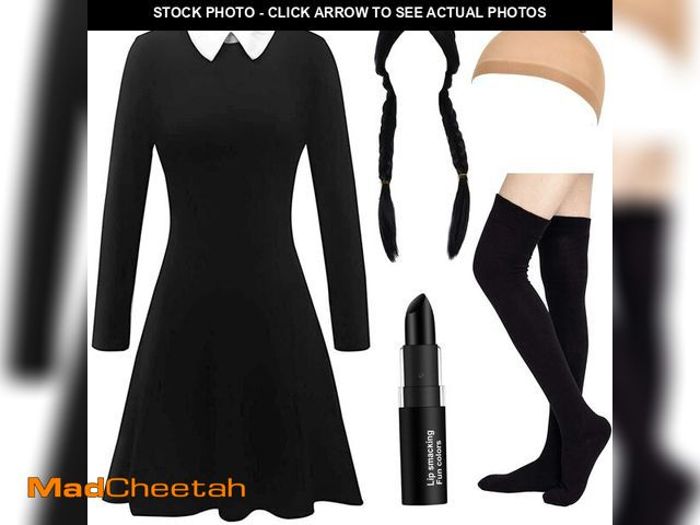 Lot 74-12701681 - HMPRT Halloween Costumes for Women - White Collar Long Sleeve Black Dress, Black Braided Wig and Soc...