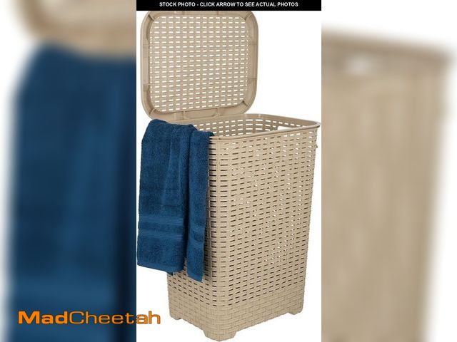 Lot 74-12508730 - (SMALL HOLE) Basket With Easy Open Lid 60 Liter Beige, Large Wicker Hamper, Dirty Cloths Storage Wit...