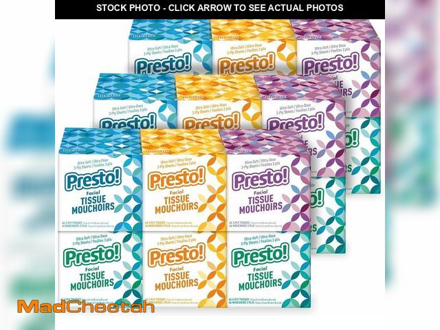 Lot 74-14348594 - Brand - Presto! Ultra-Soft 3-Ply Premium Facial Tissues, Colorful Boxes, (15 Packs of 66), (Packagin...