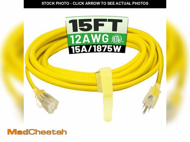 Lot 74-12880791 - POWGRN 15 ft 12/3 Outdoor Extension Cord Waterproof Heavy Duty with Lighted Indicator End 12 Gauge 3...