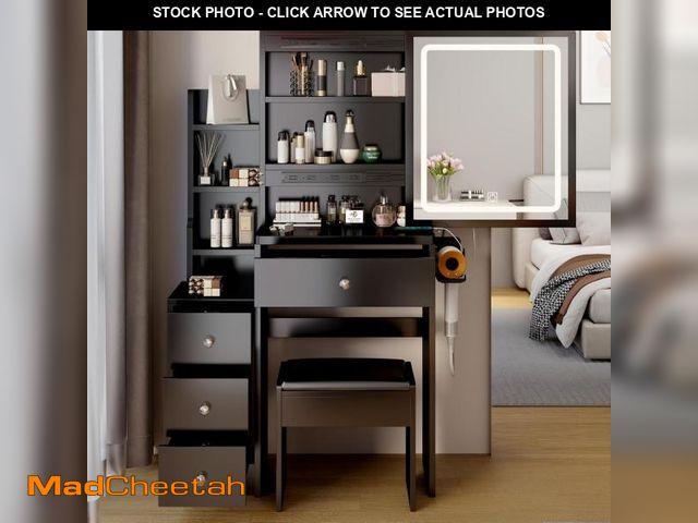 Lot 74-11226100 - LUSPAZ Vanity Desk with LED Lighted Mirror,Small Vanity Makeup Table with Rattan Drawers &amp; Cabin...