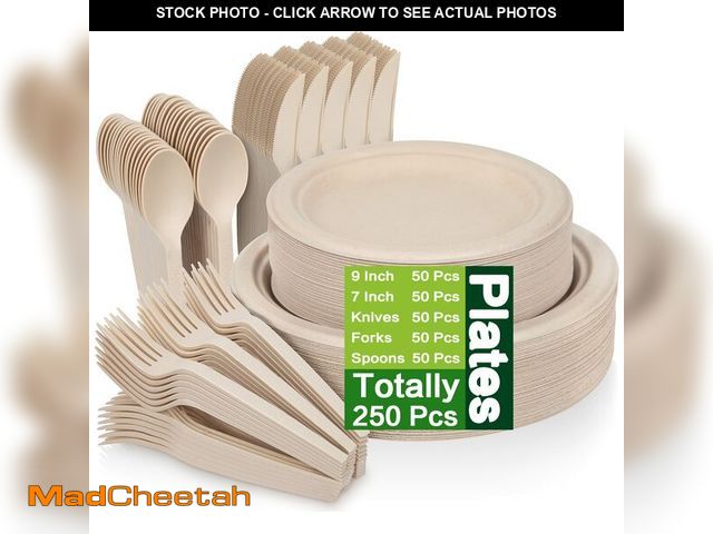Lot 74-14273552 - Unves 250 Piece Compostable Paper Plates Set with Extra Long Utensils, Sugarcane Fibers Disposable D...