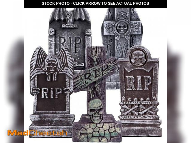 Lot 74-12424816 - OGETFUUR 17 in. Halloween Foam RIP Graveyard Tombstones with 10 Metal Stakes, 5-Pack Tombstone for H...
