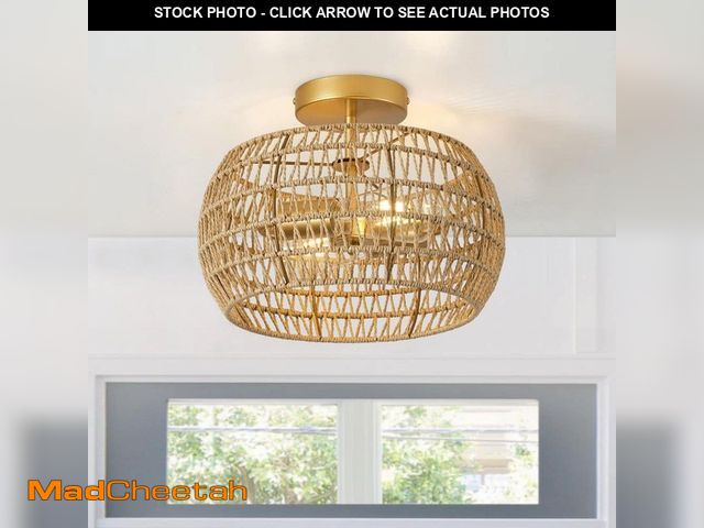 Lot 74-13784974 - aiwen Farmhouse 12.59 in. 2-Light Rattan Hand-Woven Boho Semi-Flush Mount Ceiling Light - UNUSED