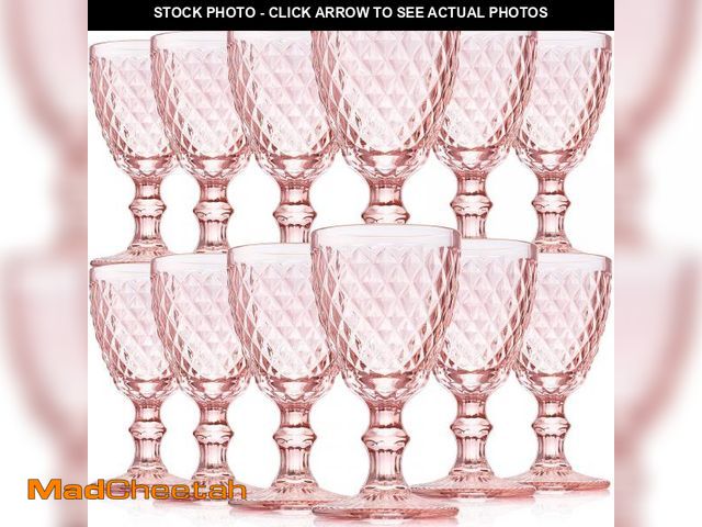 Lot 74-12309073 - Lallisa Pink Wine Glass Set of 12 Vintage Glassware Pink Goblets 8 oz Embossed Drinking Glass with S...