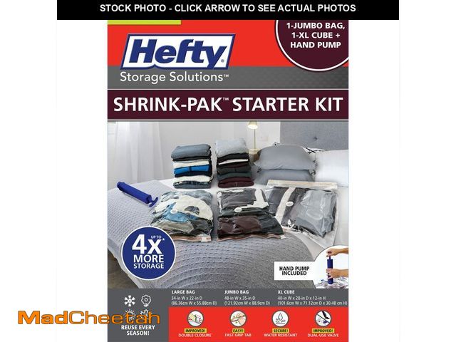 Lot 74-14381231 - Hefty Shrink-Pak Starter Kit - 2 Large, 1 XL Cube, 1 Jumbo Vacuum Seal Storage Bag and Hand Pump Ã¢â...