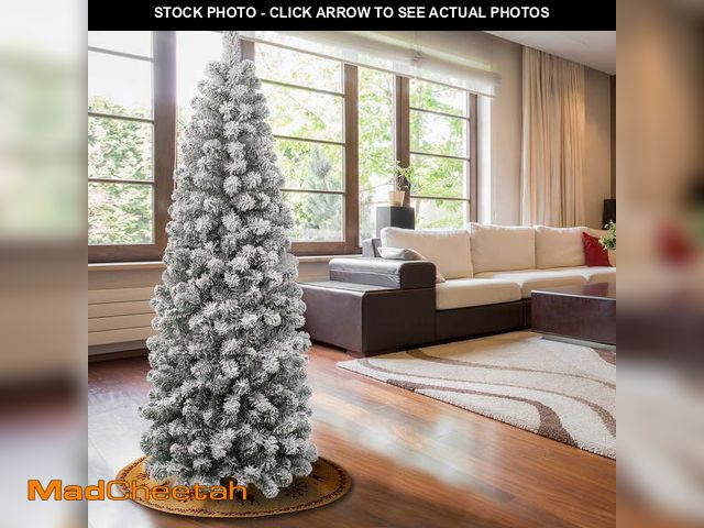 Lot 74-13150324 - 6 ft. Artificial Acacia Pencil Slim Christmas Tree, Green, Flocked, Includes Stand - UNUSED