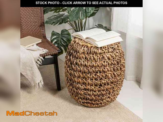 Lot 74-14254532 - JONATHAN Y Sage 21 in. Rustic Bohemian Barrel-Style Abaca/Iron Handwoven Stool, Brown - UNUSED