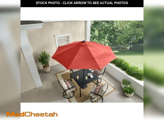 Lot 74-14290269 - Hampton Bay 9 ft. Aluminum Market LED Solar Auto-Tilt Patio Umbrella in Chili Red - UNUSED