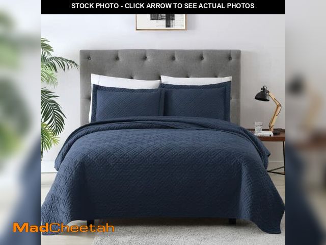 Lot 74-12679393 - EXQ Home Quilt Set Full Queen Size Navy 3 Piece,Lightweight Soft Coverlet Modern Style Squares Patte...