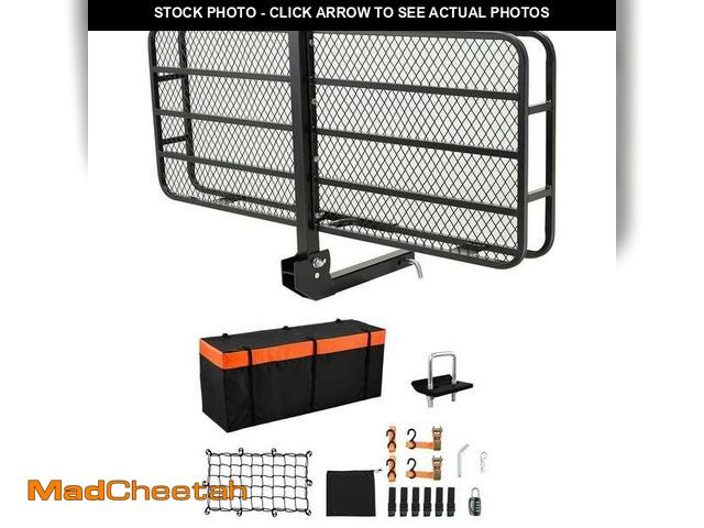 Lot 74-14344362 - SKYSHALO 60 x 24 x 6 in. Hitch Cargo Carrier, Folding with Cargo Net, Waterproof Bag, and Ratchet St...