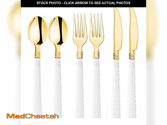 Lot 74-13717894 - N9R 90pcs Gold and White Disposable Silverware, Elegant Plastic Silverware with White Handle Include...