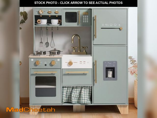 Lot 74-12400083 - ROBUD Wooden Play Kitchen for Kids Toddlers, Corner Wooden Play Kitchen with Fridge, Ice Maker, Coff...