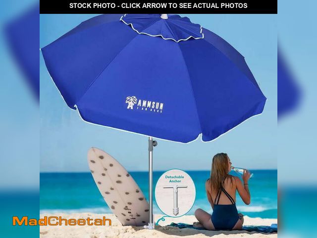 Lot 74-14608952 - AMMSUN 7ft Heavy Duty Beach Umbrella UPF50+ with Sand Anchor &amp; Tilt Shelter &amp; Bag,Blue Horiz...