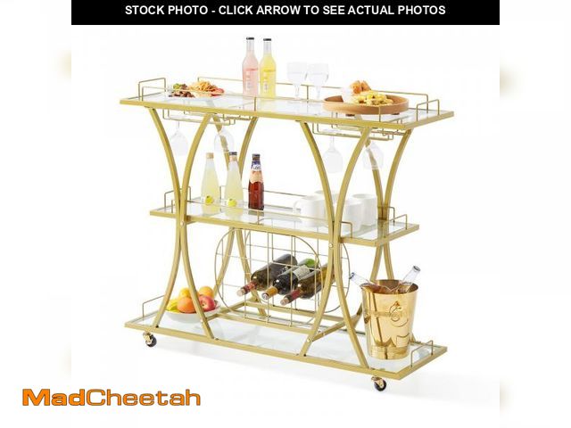Lot 74-12165522 - VEVOR Bar Cart Gold, 3 Tiers Home Bar Serving Cart on Lockable Wheels, Rolling Alcohol Cart with Tem...
