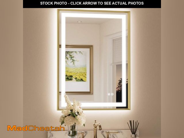 Lot 74-13510184 - KeonJinn 24 in. W x 32 in. H Rectangular Framed LED Anti-Fog Wall Bathroom Vanity Mirror in Gold wit...