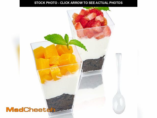 Lot 74-14268803 - JOLLY CHEF 100 Pack 3 oz Square Mini Dessert Cups with Spoons, Clear Plastic Parfait Appetizer Cup, ...