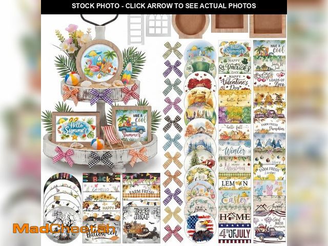 Lot 74-13715175 - GlikCeil 95 Pcs Interchangeable All Season Tiered Tray Decor Set Farmhouse Holiday Decorations Woode...