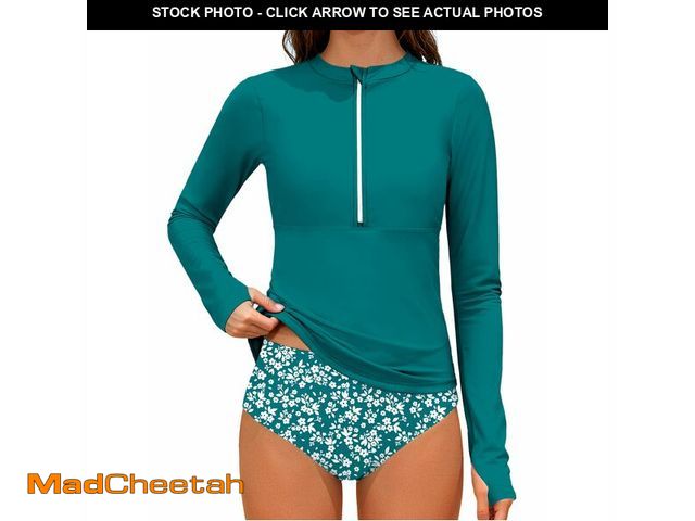 Lot 74-14267588 - Girls Swimsuits Size 14-16 Half-Zip Long Sleeve Modest Teen Girl Rash Guard Swimsuit with Chest Padd...