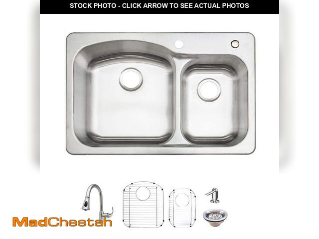 Lot 74-12553743 - Glacier Bay 33 In. Drop-In 60/40 Double Bowl 18 Gauge Stainless Steel Kitchen Sink With Pull - UNUSE...