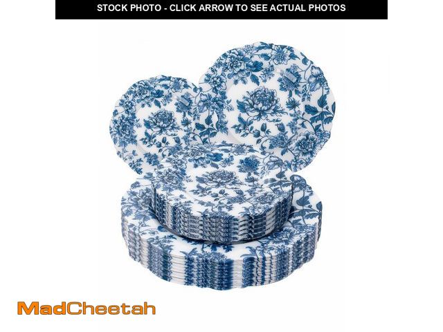Lot 74-13955874 - WDF 20PCS Blue Plastic Plates - Baroque White and Blue Plates - Chinoiserie Floral Party Decorations...