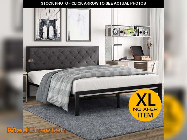 Lot 74-12725495 - Amolife King Size Metal Bed Frame with Upholstered Headboard, Dark Grey - UNUSED