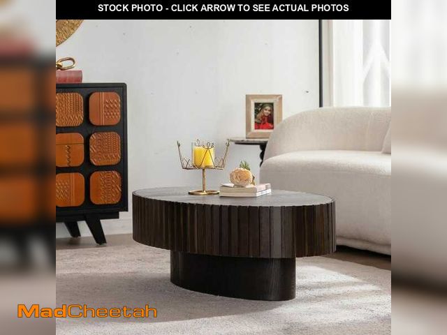 Lot 74-14246177 - Noble House Prymont Modern 43.31 in. Walnut Finish + Black Oval MDF Wood Coffee Table Olive-Shaped T...