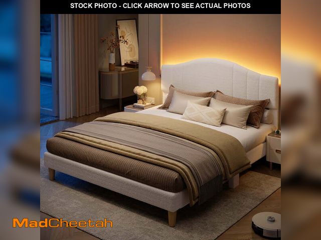 Lot 74-13054354 - (MISSING HARDWARE) Pinmoco Queen Upholstered Bed Frame with Adjustable Arc-shaped Headboard, LED Pla...